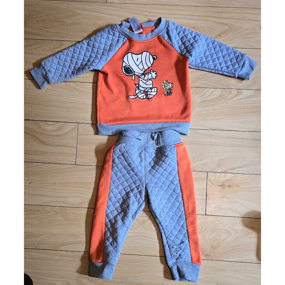 Snoopy Halloween Mummy Quilted Sweatshirt Jogger Set 18M Orange Gray Costume